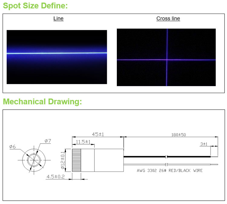 D12x45mm Focusable 405nm 1mW-- - Industrial Laser Line Module reseña y precio